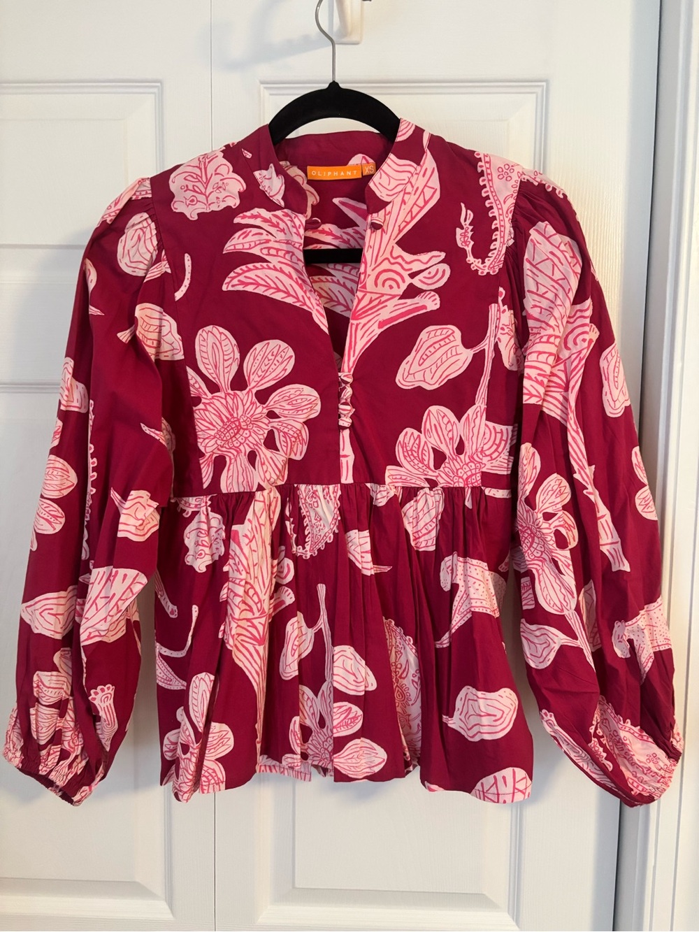 Oliphant Ballon Sleeve Blouse Lamu Magenta Woodcut Print Top